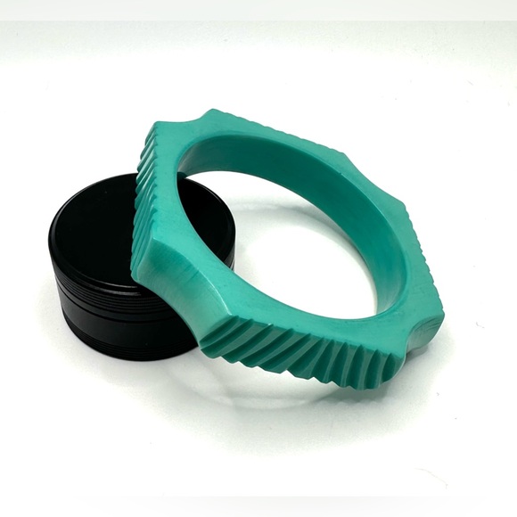 Geometric Octagon Aqua Carved Bangle Bracelet-Chunky - Picture 3 of 7